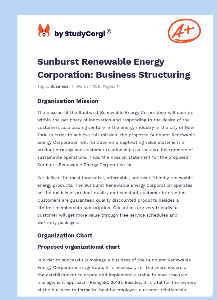Sunburst Renewable Energy Corporation: Business Structuring. Page 1