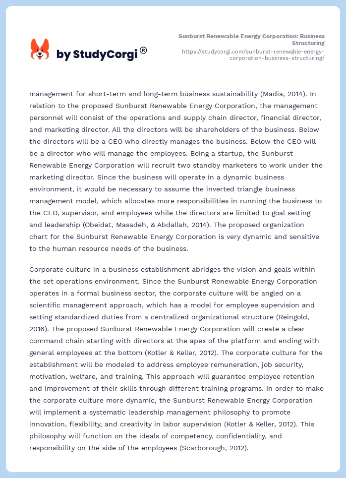 Sunburst Renewable Energy Corporation: Business Structuring. Page 2
