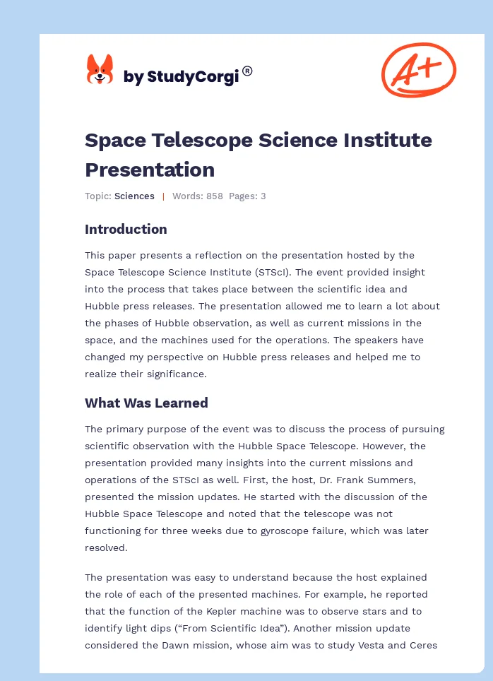 Space Telescope Science Institute Presentation. Page 1
