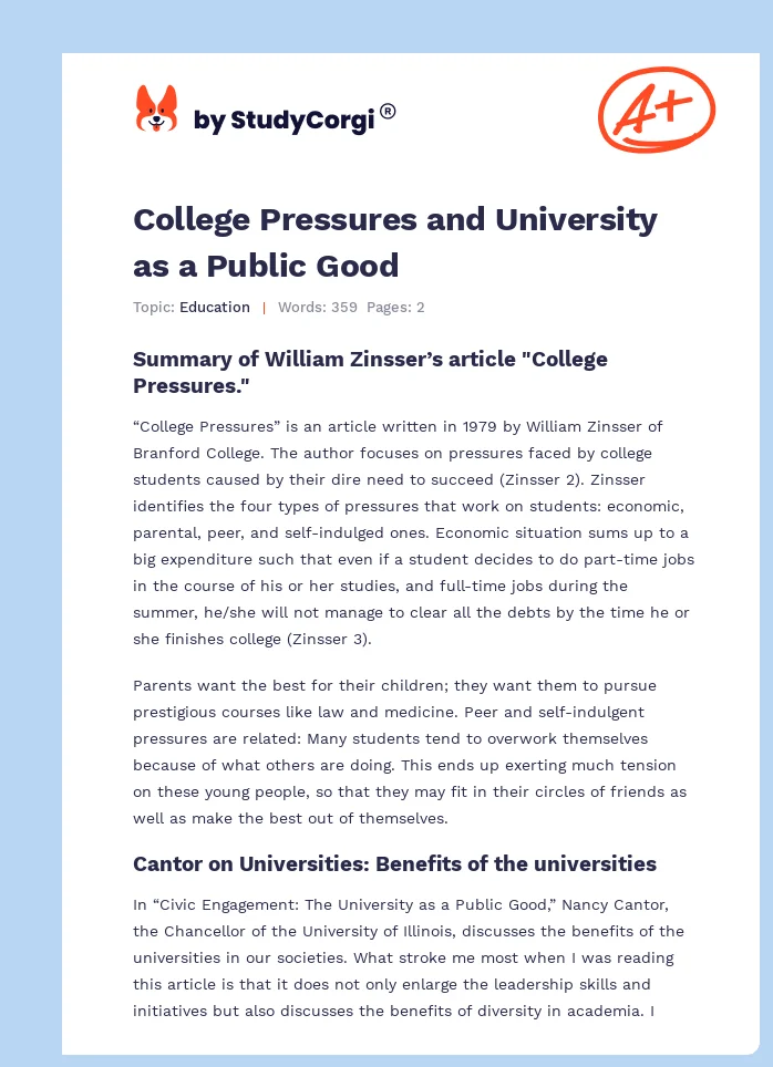 College Pressures and University as a Public Good. Page 1
