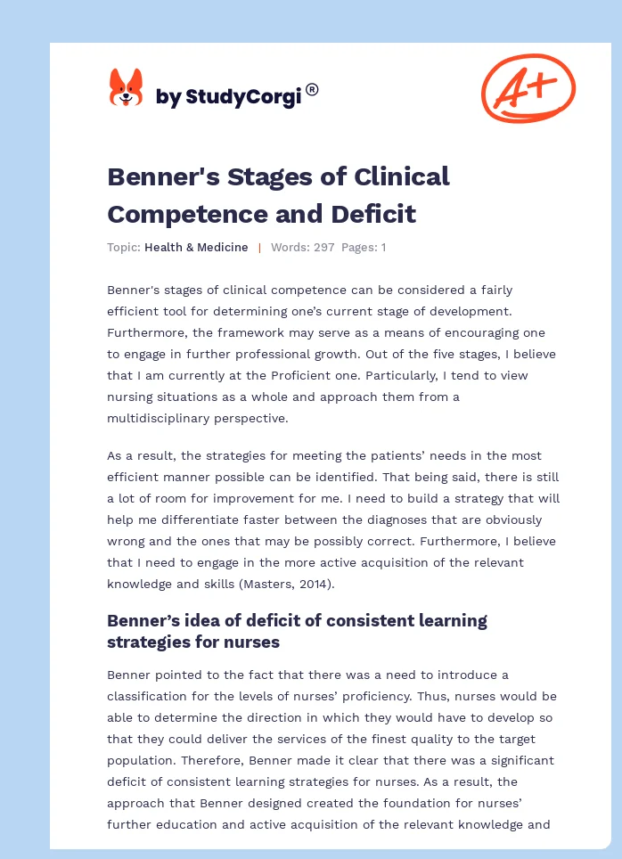 Benner's Stages of Clinical Competence and Deficit. Page 1
