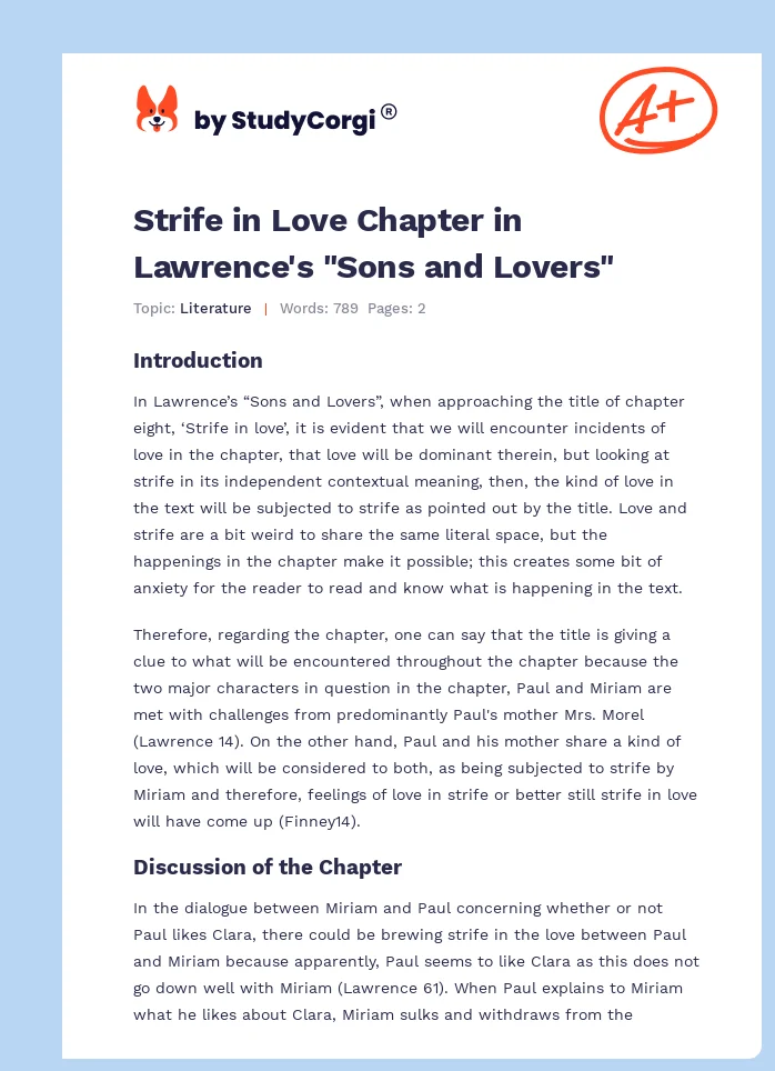 Strife in Love Chapter in Lawrence's "Sons and Lovers". Page 1