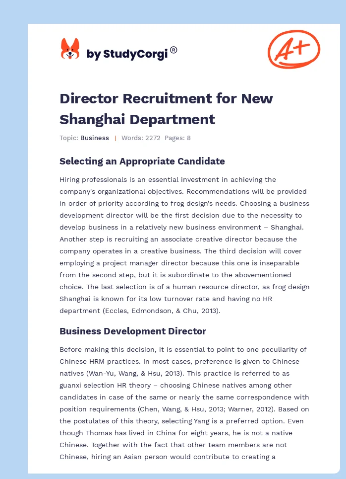 Director Recruitment for New Shanghai Department. Page 1