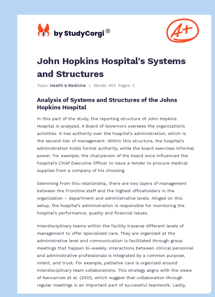 John Hopkins Hospital's Systems and Structures. Page 1