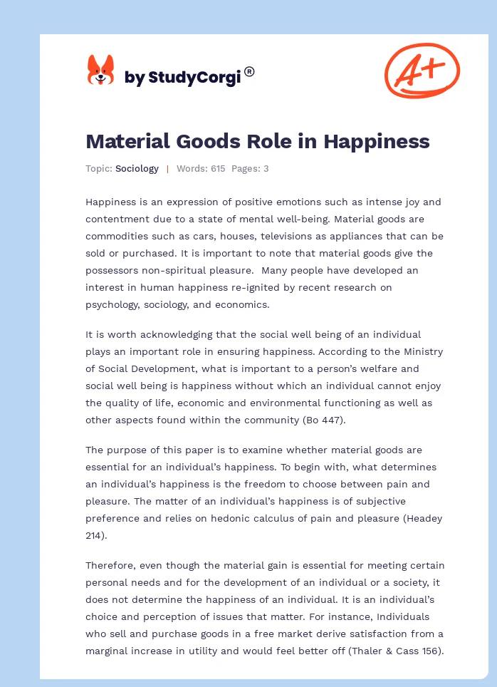 Material Goods Role in Happiness. Page 1