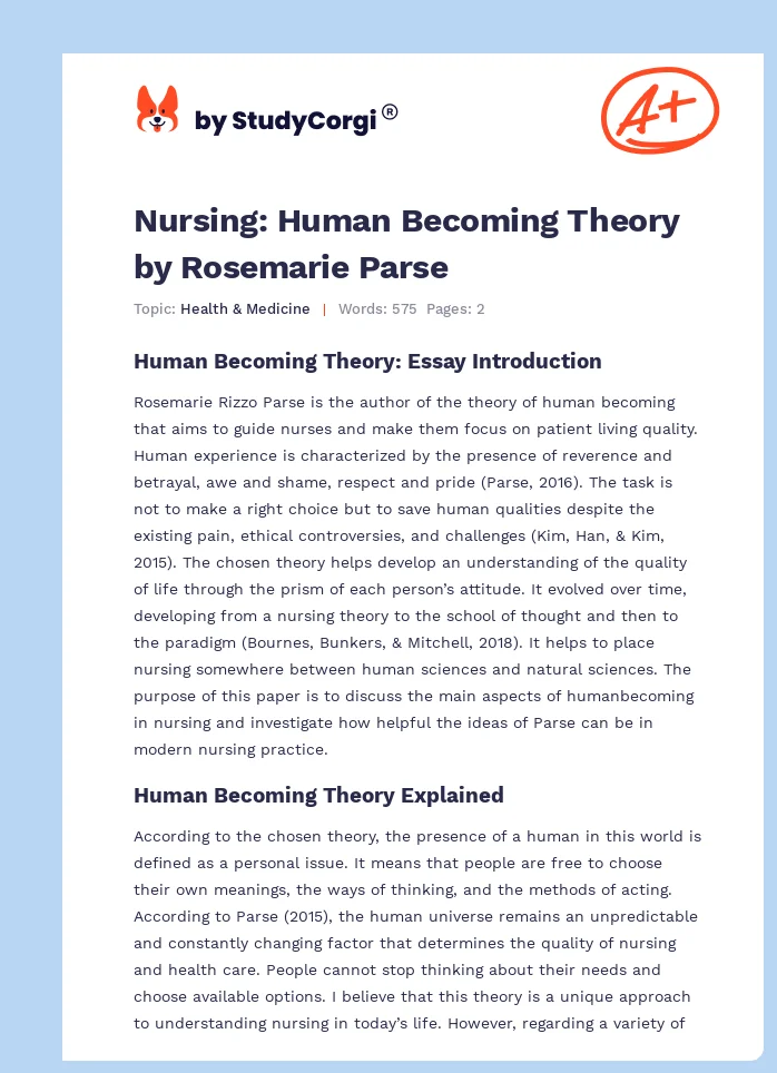 Nursing: Human Becoming Theory by Rosemarie Parse. Page 1