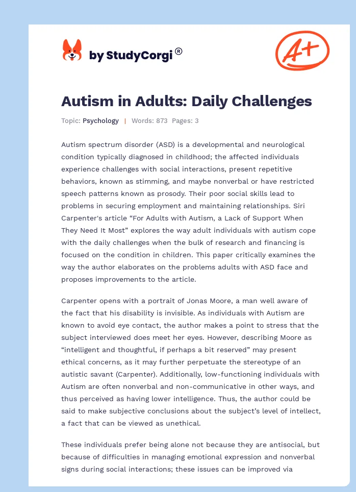 Autism in Adults: Daily Challenges. Page 1