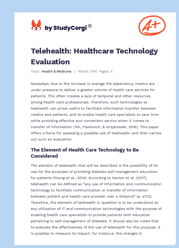 Telehealth: Healthcare Technology Evaluation. Page 1