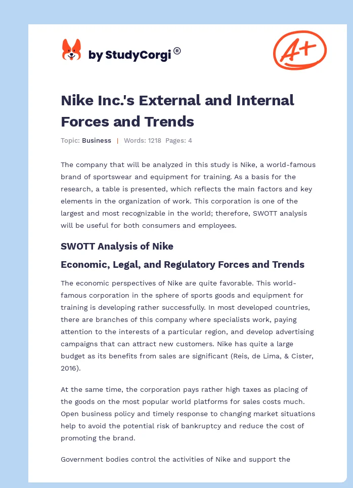 Nike Inc.'s External and Internal Forces and Trends. Page 1