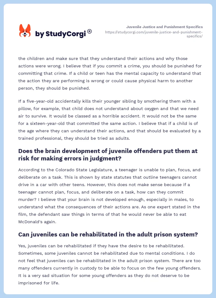 Juvenile Justice and Punishment Specifics. Page 2
