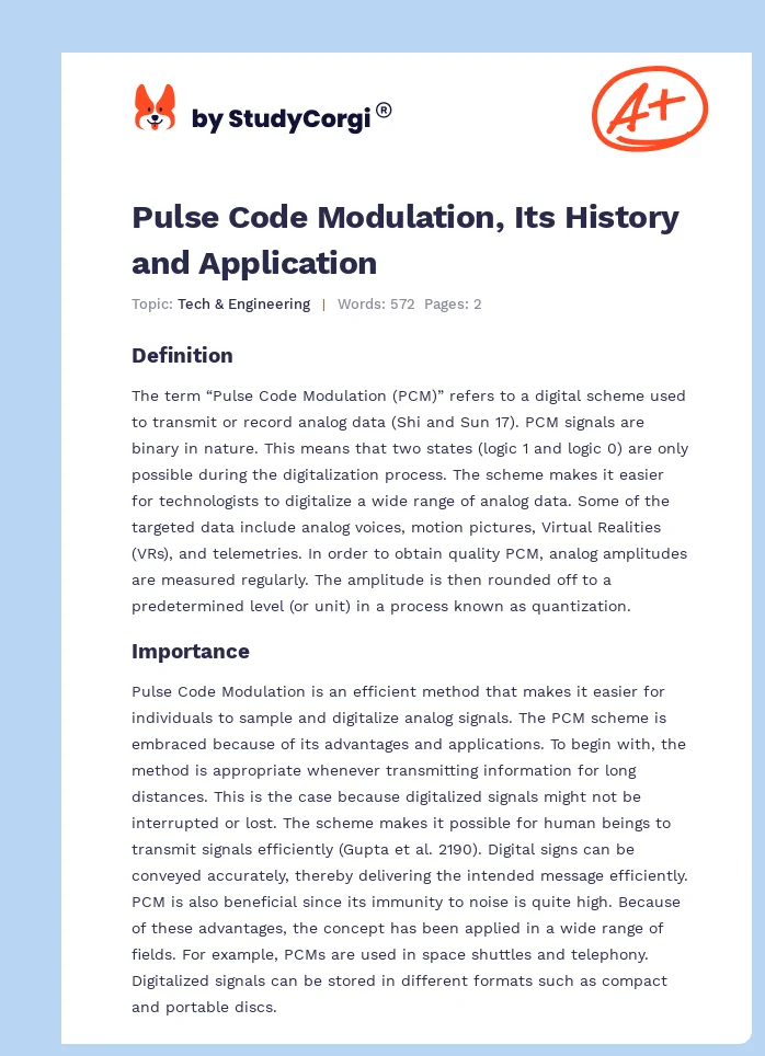 Pulse Code Modulation, Its History and Application. Page 1