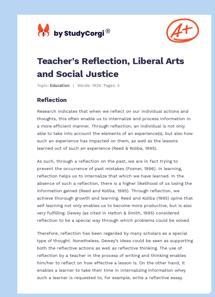 Teacher's Reflection, Liberal Arts and Social Justice. Page 1