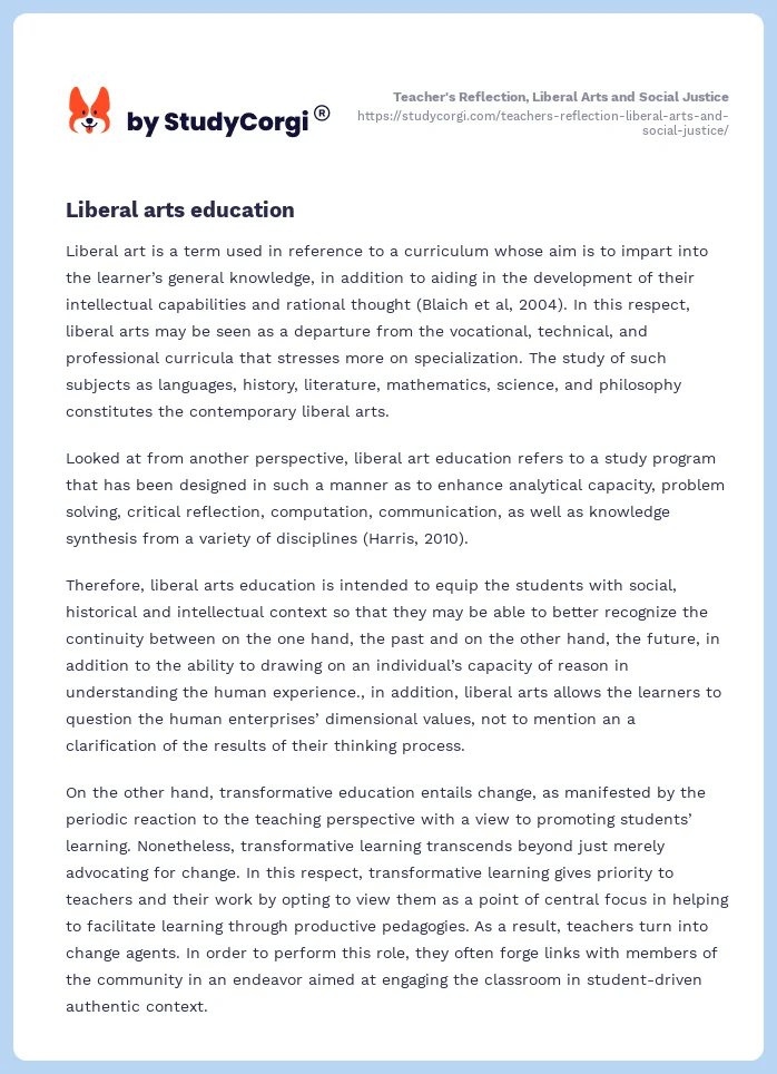 Teacher's Reflection, Liberal Arts and Social Justice. Page 2