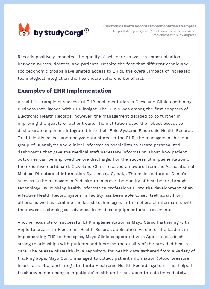 Electronic Health Records Implementation Examples. Page 2