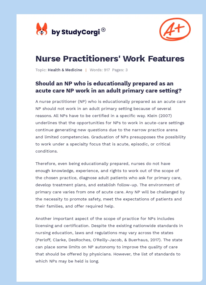 Nurse Practitioners' Work Features. Page 1