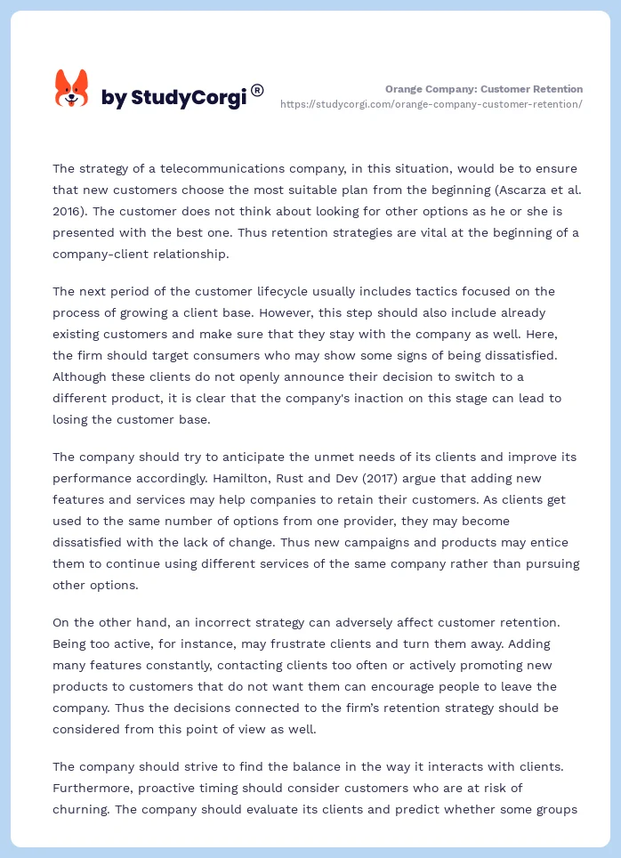 Orange Company: Customer Retention. Page 2
