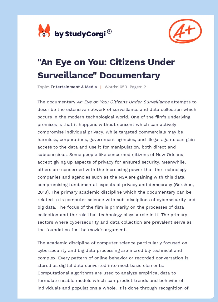 "An Eye on You: Citizens Under Surveillance" Documentary. Page 1