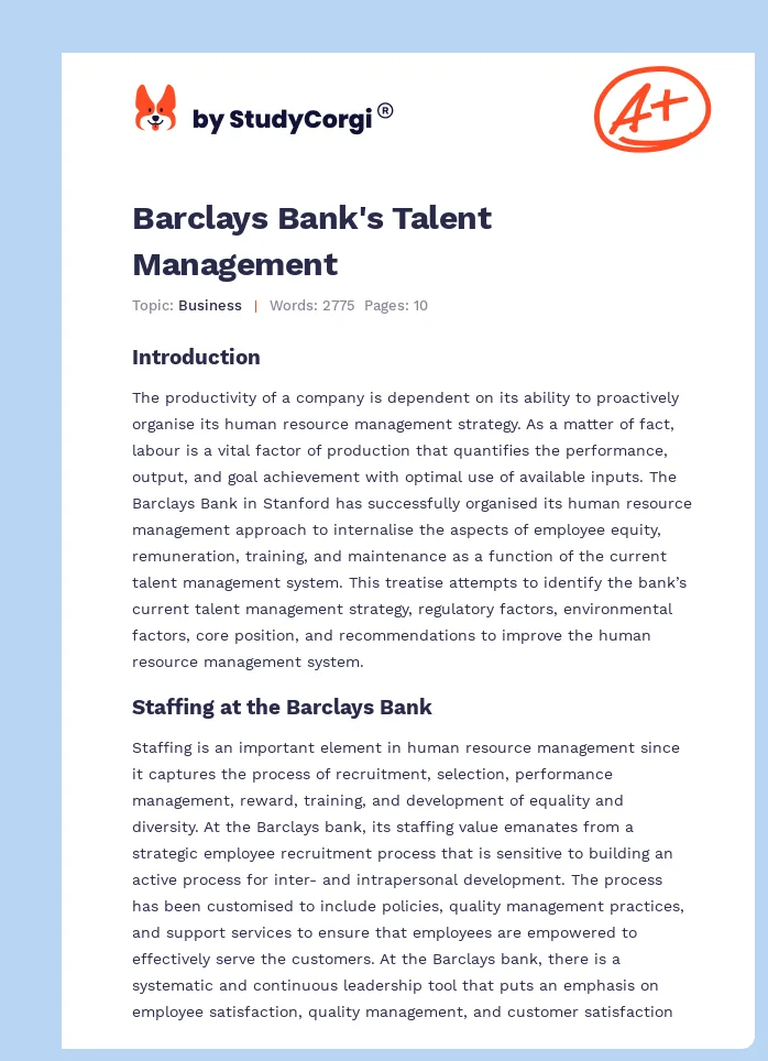Barclays Bank's Talent Management. Page 1