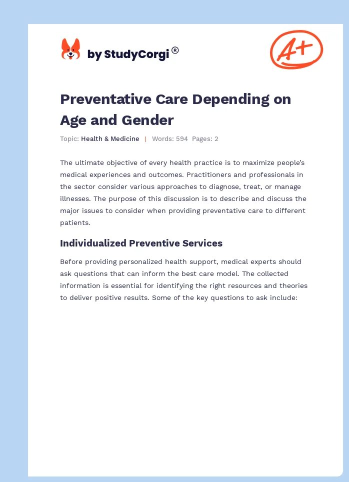 Preventative Care Depending on Age and Gender. Page 1