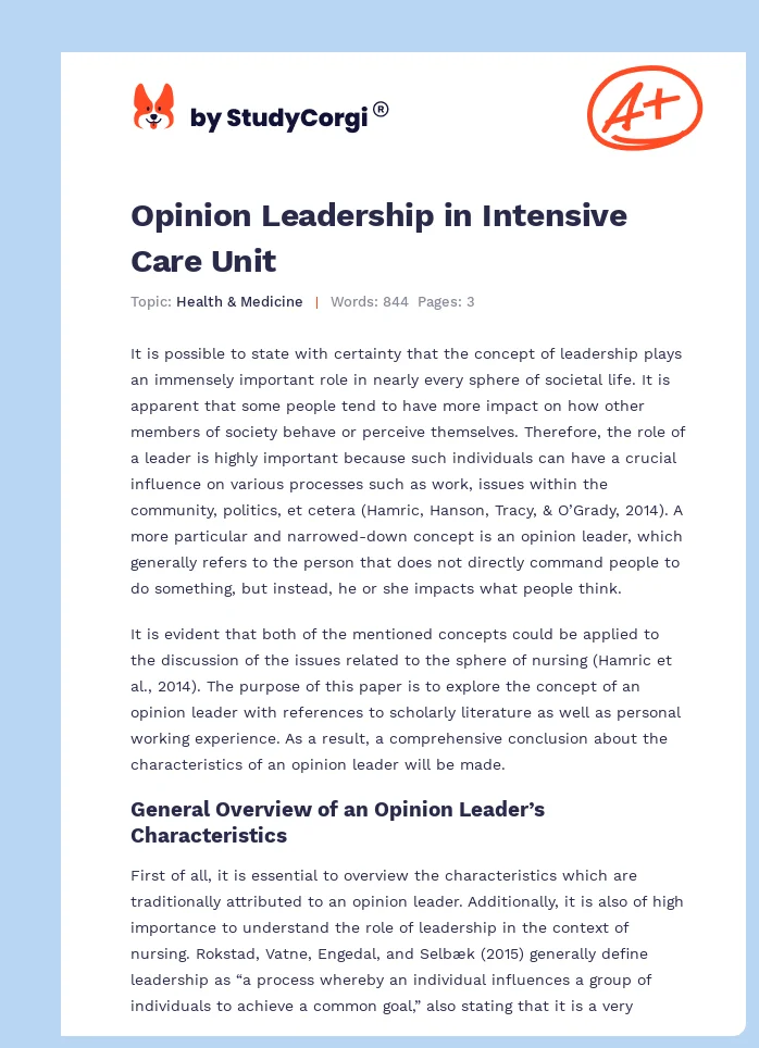 Opinion Leadership in Intensive Care Unit. Page 1