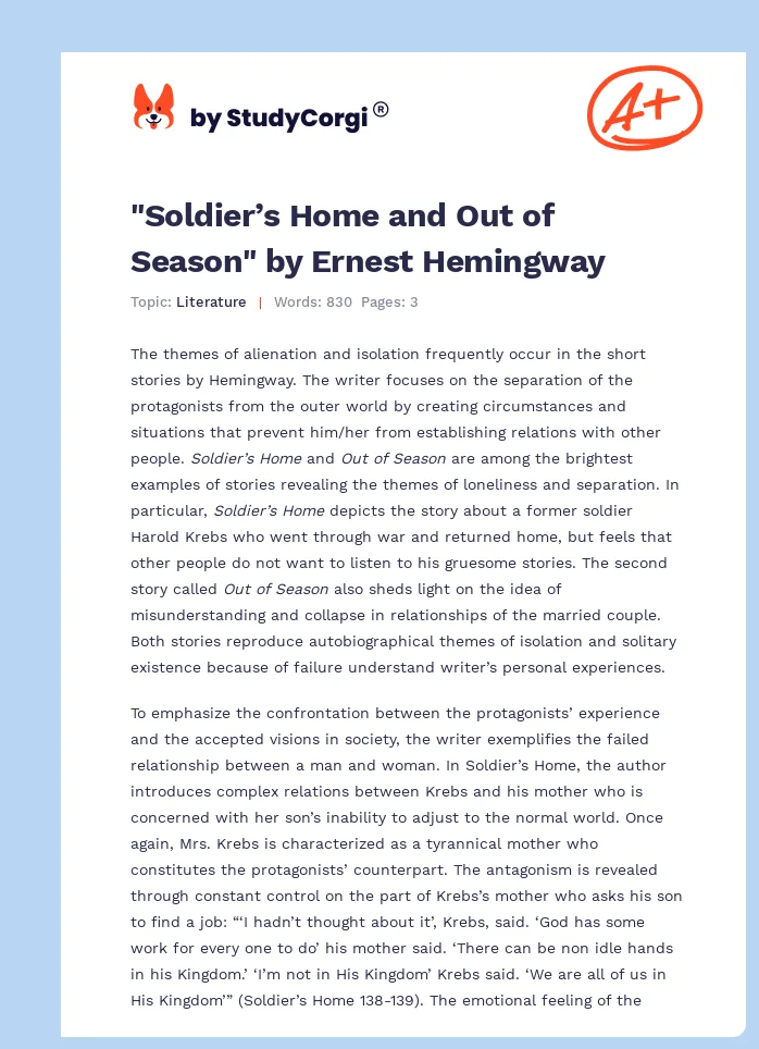 "Soldier’s Home and Out of Season" by Ernest Hemingway. Page 1
