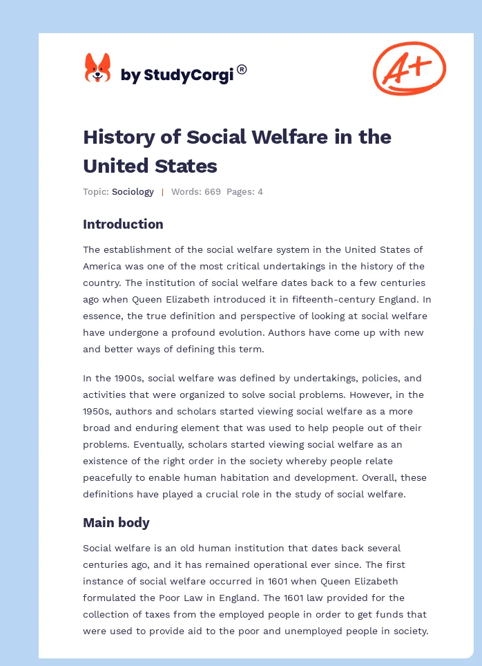 History of Social Welfare in the United States. Page 1