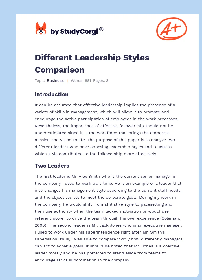 Different Leadership Styles Comparison. Page 1