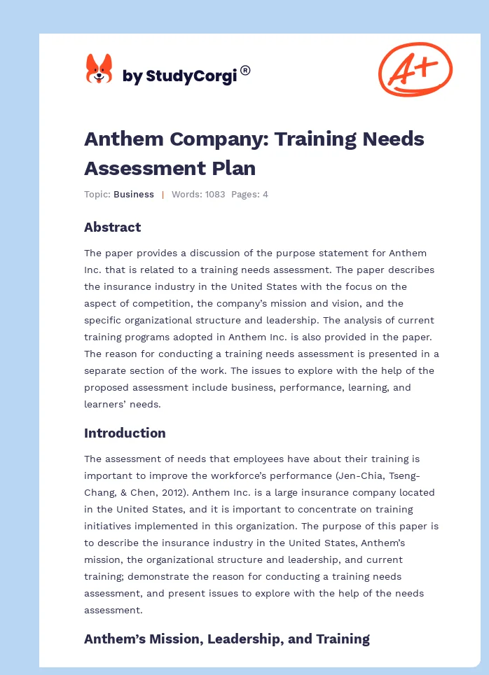 Anthem Company: Training Needs Assessment Plan. Page 1