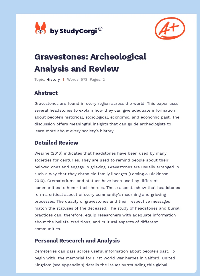 Gravestones: Archeological Analysis and Review. Page 1