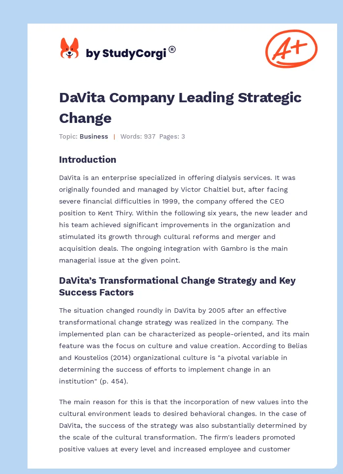 DaVita Company Leading Strategic Change. Page 1