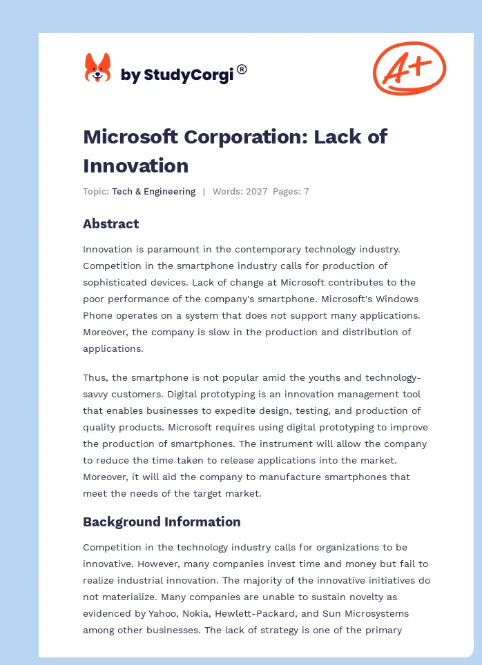 Microsoft Corporation: Lack of Innovation. Page 1