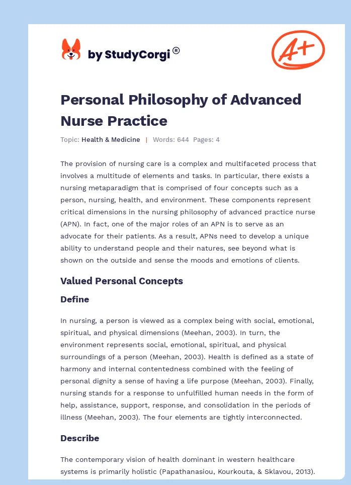 Personal Philosophy of Advanced Nurse Practice. Page 1