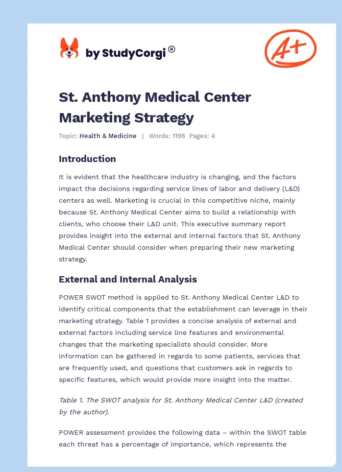 St. Anthony Medical Center Marketing Strategy. Page 1
