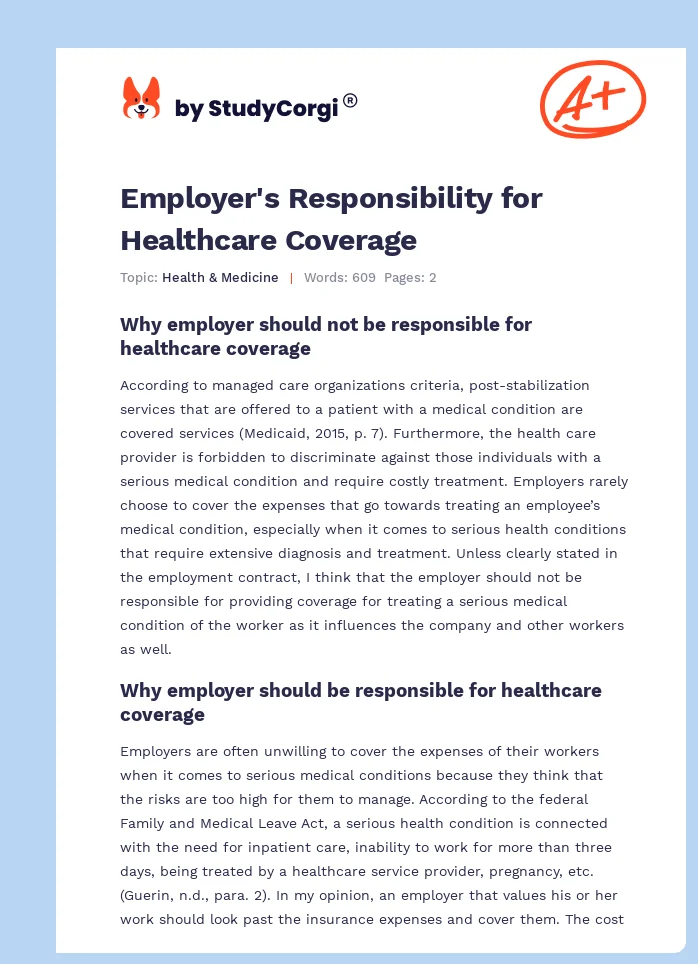 Employer's Responsibility for Healthcare Coverage. Page 1