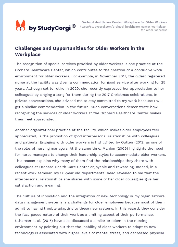 Orchard Healthcare Center: Workplace for Older Workers. Page 2