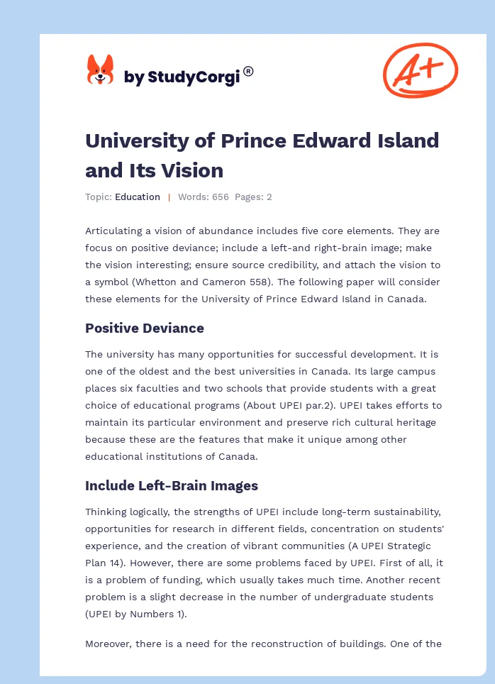 University of Prince Edward Island and Its Vision. Page 1