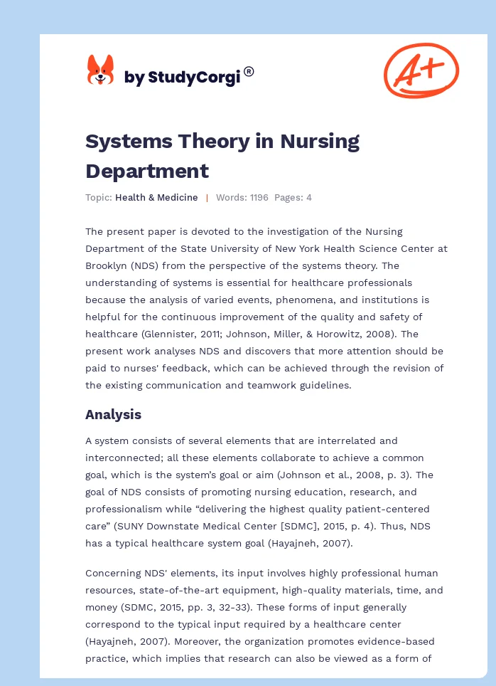 Systems Theory in Nursing Department. Page 1