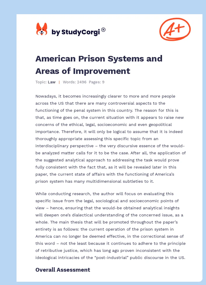 American Prison Systems and Areas of Improvement. Page 1
