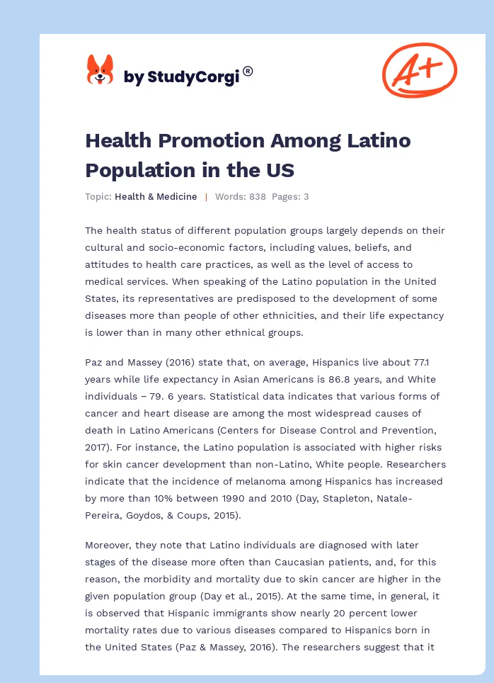 Health Promotion Among Latino Population in the US. Page 1