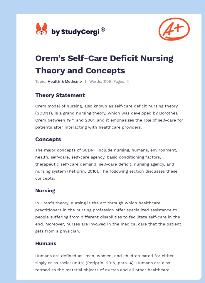Orem's Self-Care Deficit Nursing Theory and Concepts. Page 1
