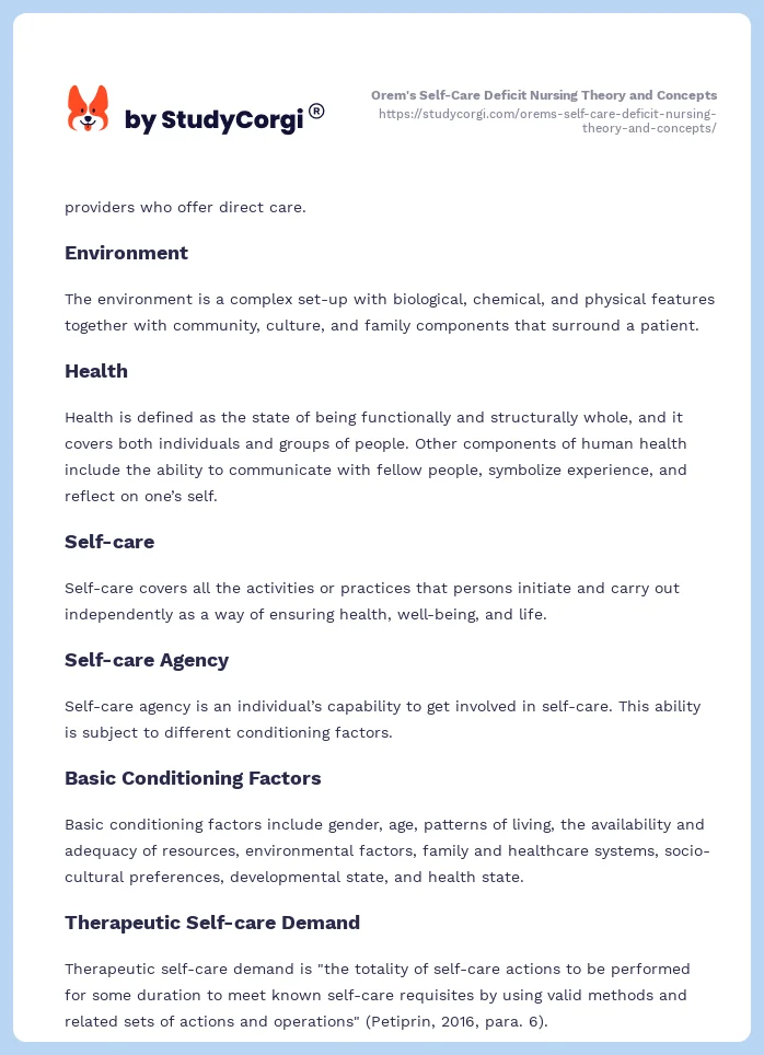 Orem's Self-Care Deficit Nursing Theory and Concepts. Page 2