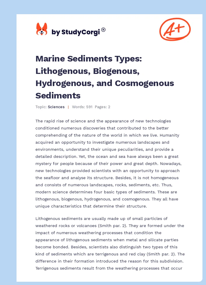 Marine Sediments Types: Lithogenous, Biogenous, Hydrogenous, and Cosmogenous Sediments. Page 1