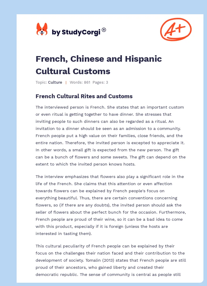 French, Chinese and Hispanic Cultural Customs. Page 1