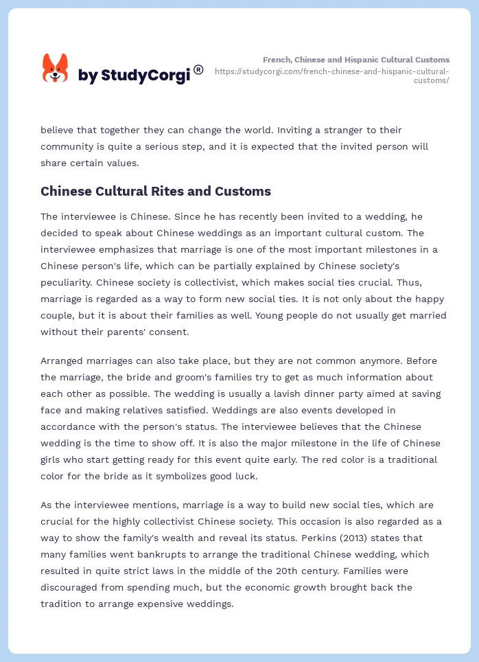 French, Chinese and Hispanic Cultural Customs. Page 2