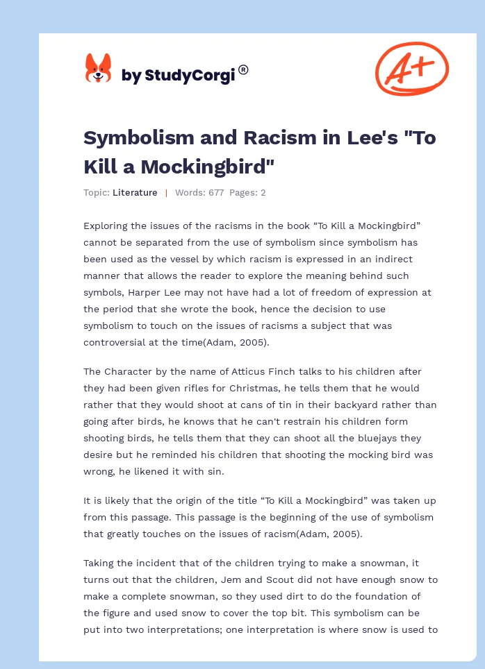 Symbolism and Racism in Lee's "To Kill a Mockingbird". Page 1