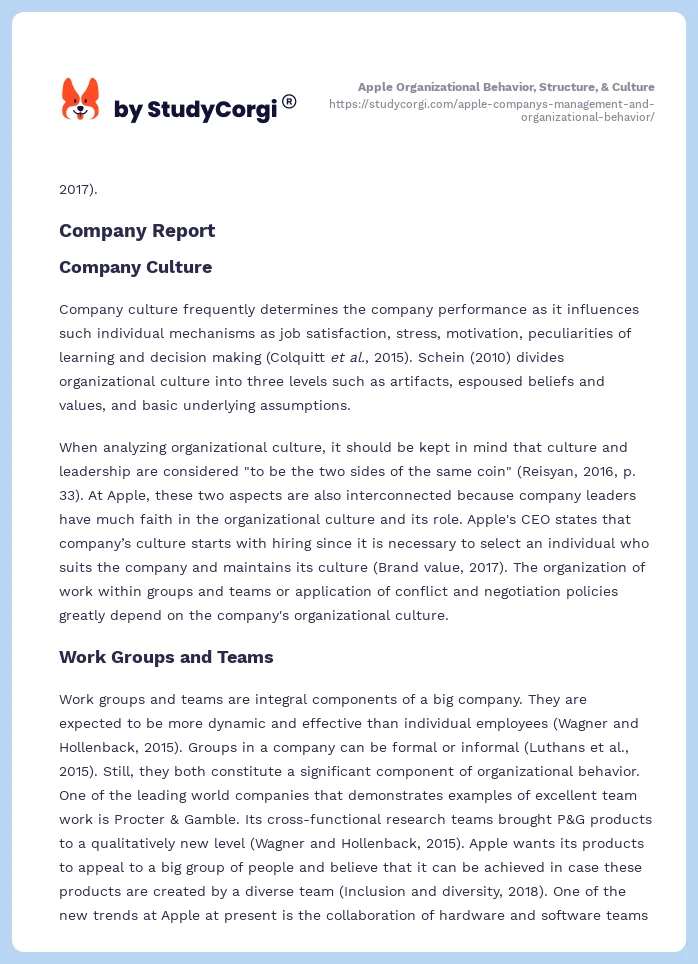 Apple Organizational Behavior, Structure, & Culture. Page 2