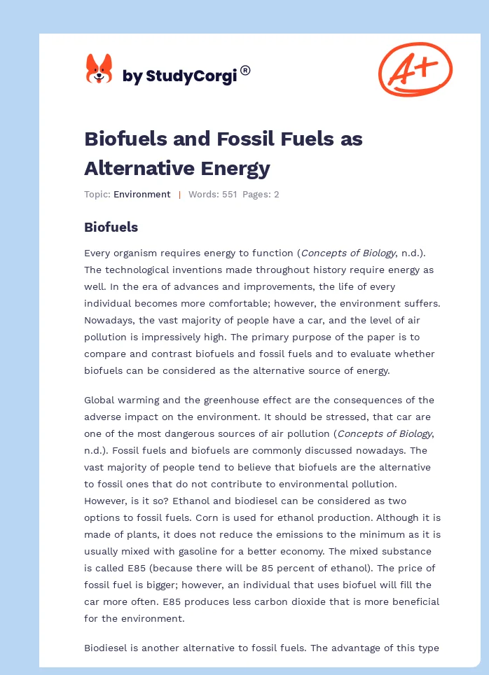 Biofuels and Fossil Fuels as Alternative Energy. Page 1