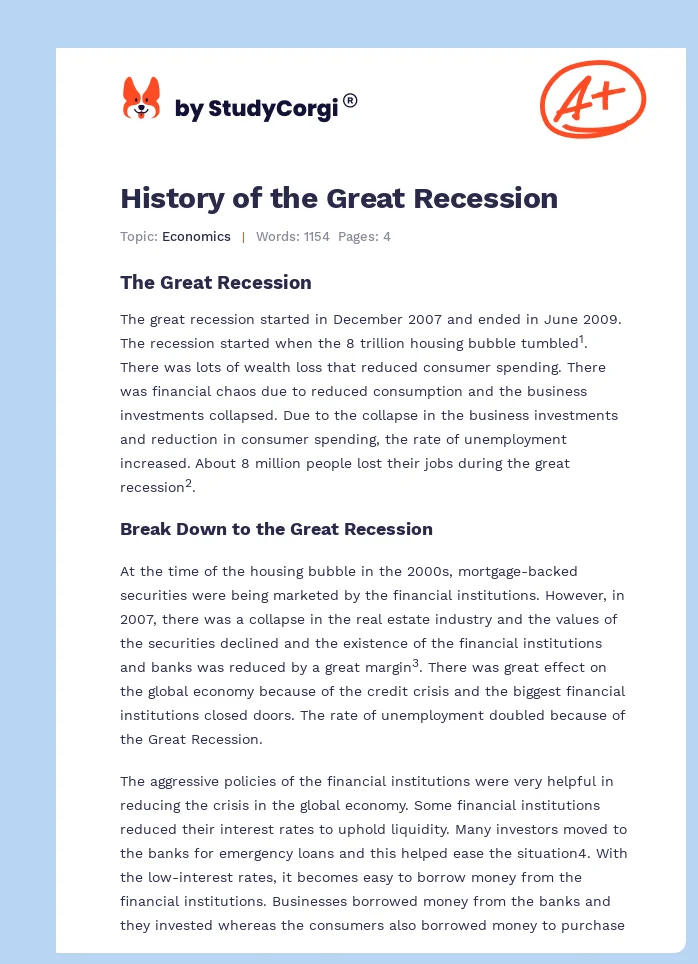 History of the Great Recession. Page 1