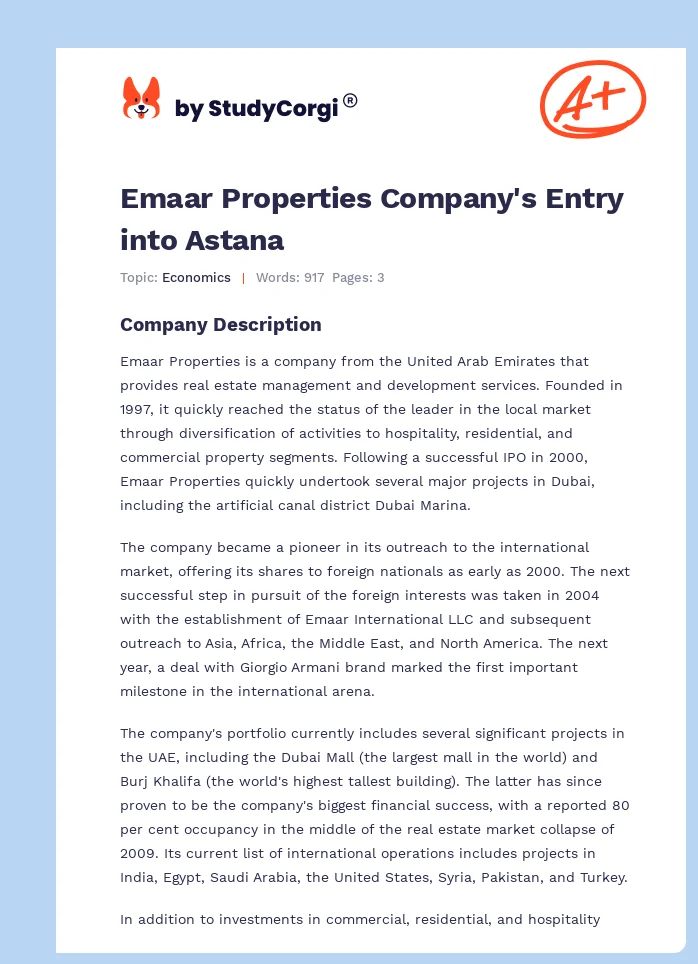 Emaar Properties Company's Entry into Astana. Page 1