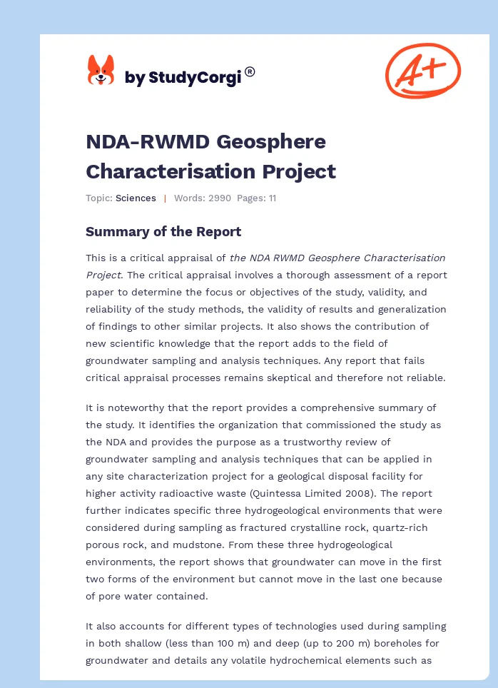 NDA-RWMD Geosphere Characterisation Project. Page 1
